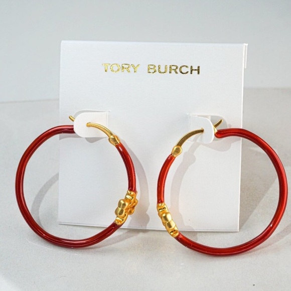 Tory Burch Jewelry - 18K Gold plated Kira Tory Burch Red and Gold Hoop Earrings